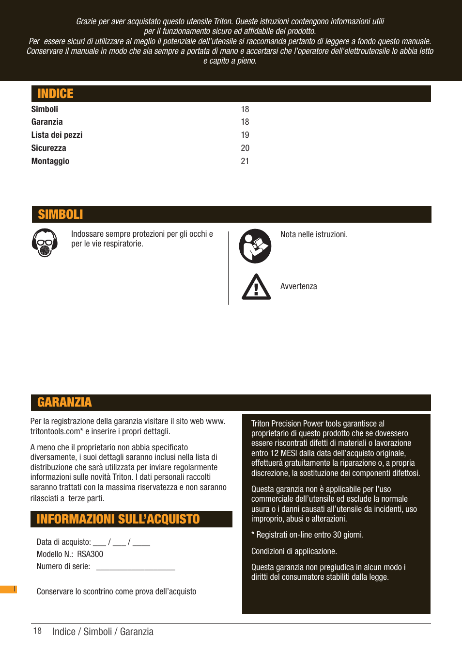 Indice, Simboli, Informazioni sull’acquisto | Garanzia | Triton RSA 300 User Manual | Page 18 / 25