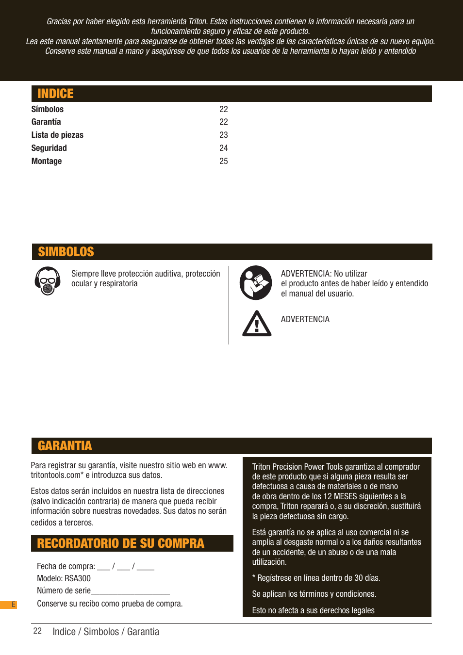 Indice, Simbolos, Recordatorio de su compra | Garantia | Triton RSA 300 User Manual | Page 22 / 25