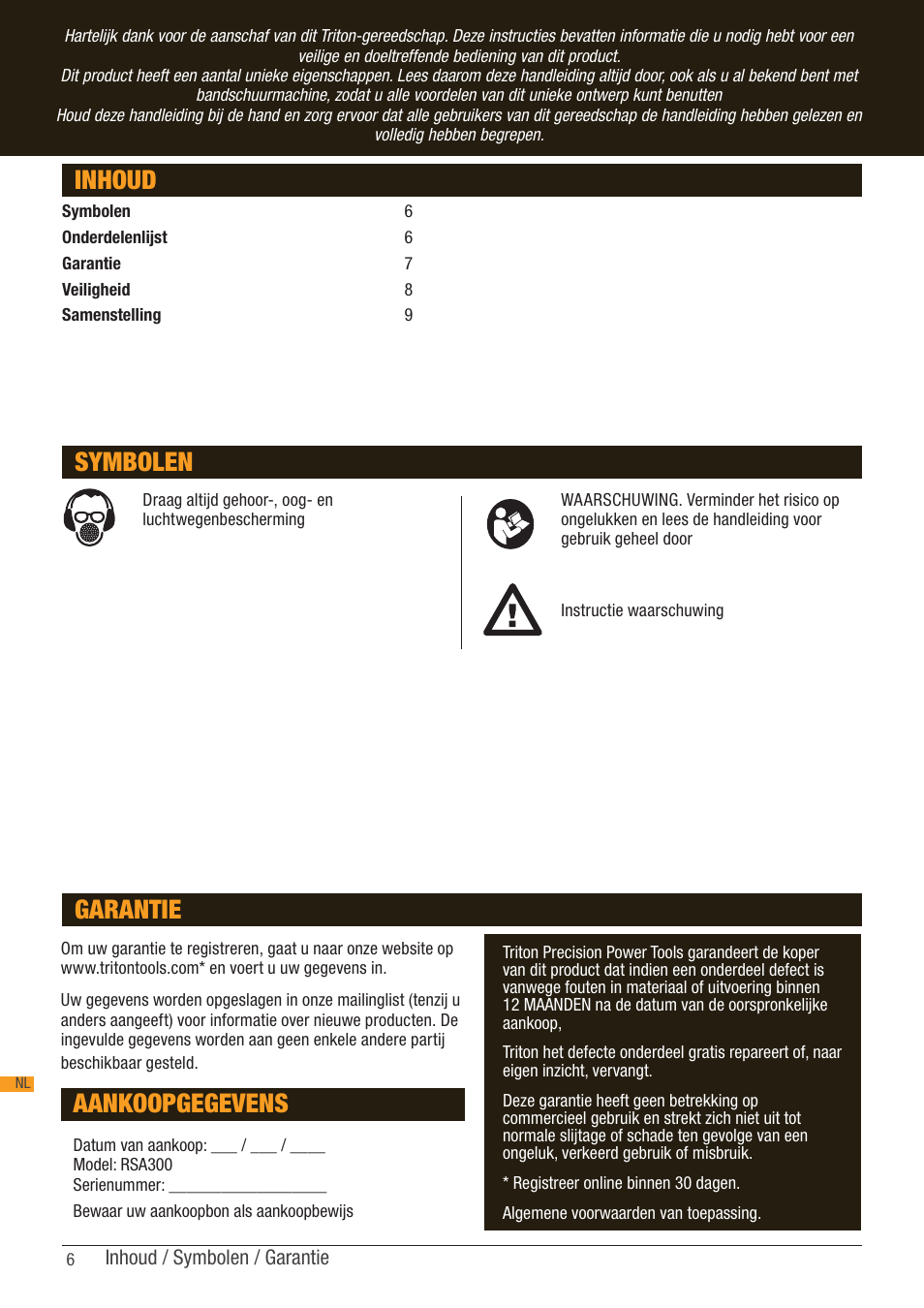 Inhoud, Symbolen, Aankoopgegevens | Garantie | Triton RSA 300 User Manual | Page 6 / 25