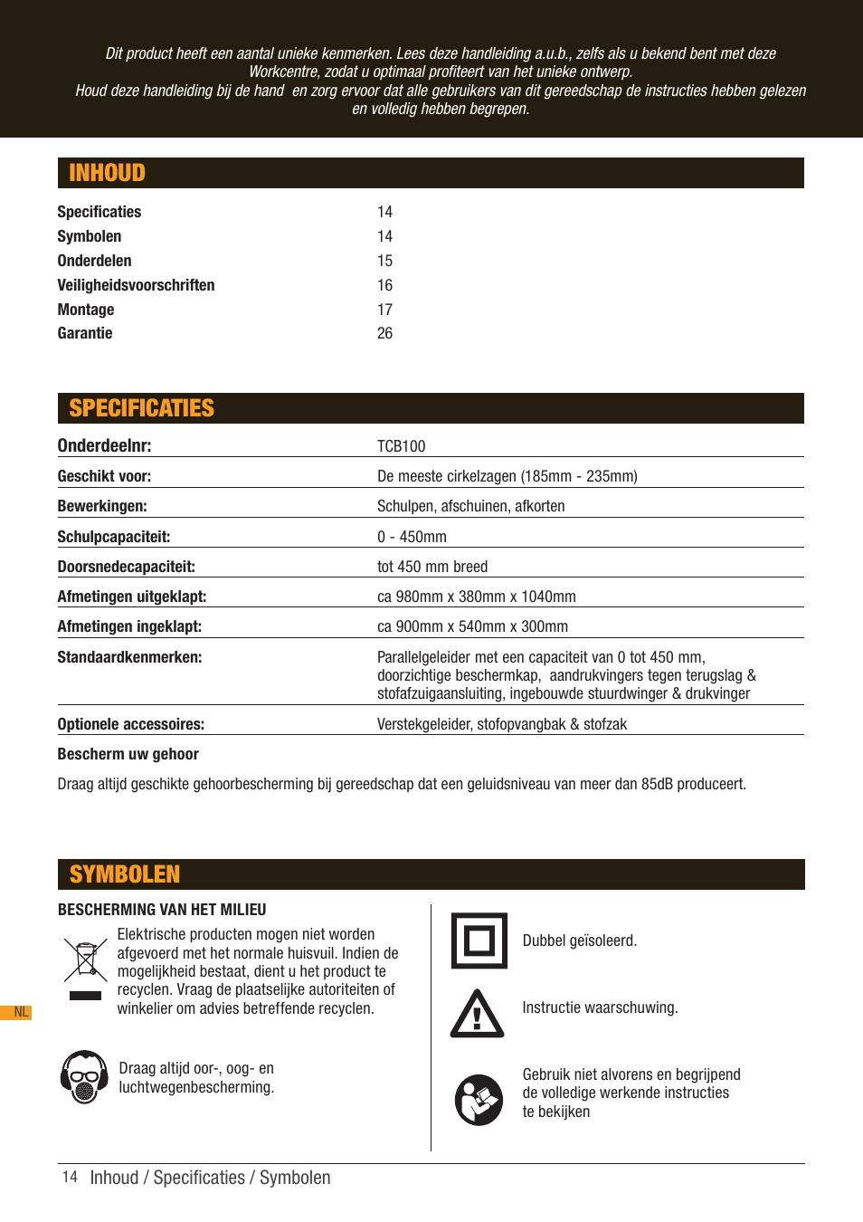 Inhoud specificaties, Symbolen | Triton TCB 100 User Manual | Page 14 / 79