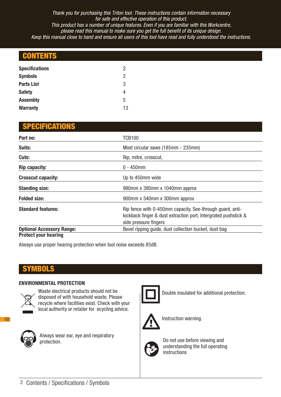 Contents specifications, Symbols | Triton TCB 100 User Manual | Page 2 / 79