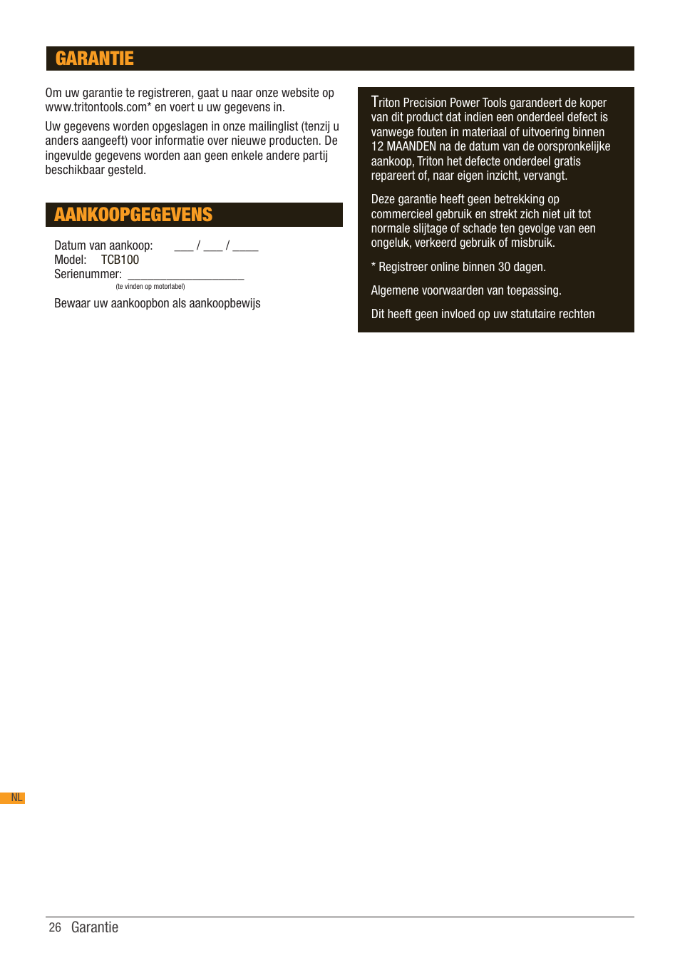 Aankoopgegevens, Garantie | Triton TCB 100 User Manual | Page 26 / 79