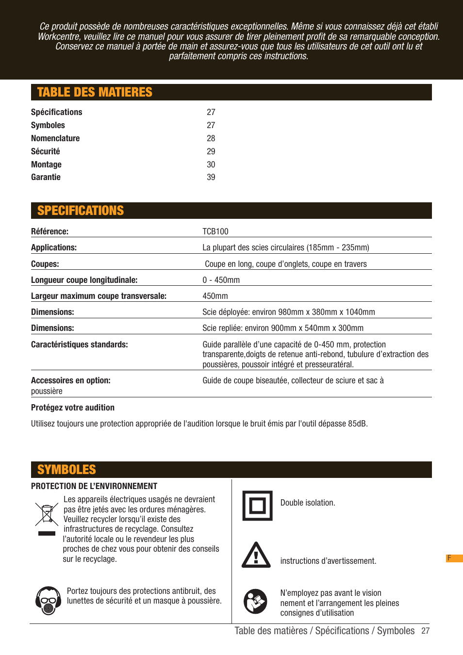 Table des matieres specifications, Symboles | Triton TCB 100 User Manual | Page 27 / 79