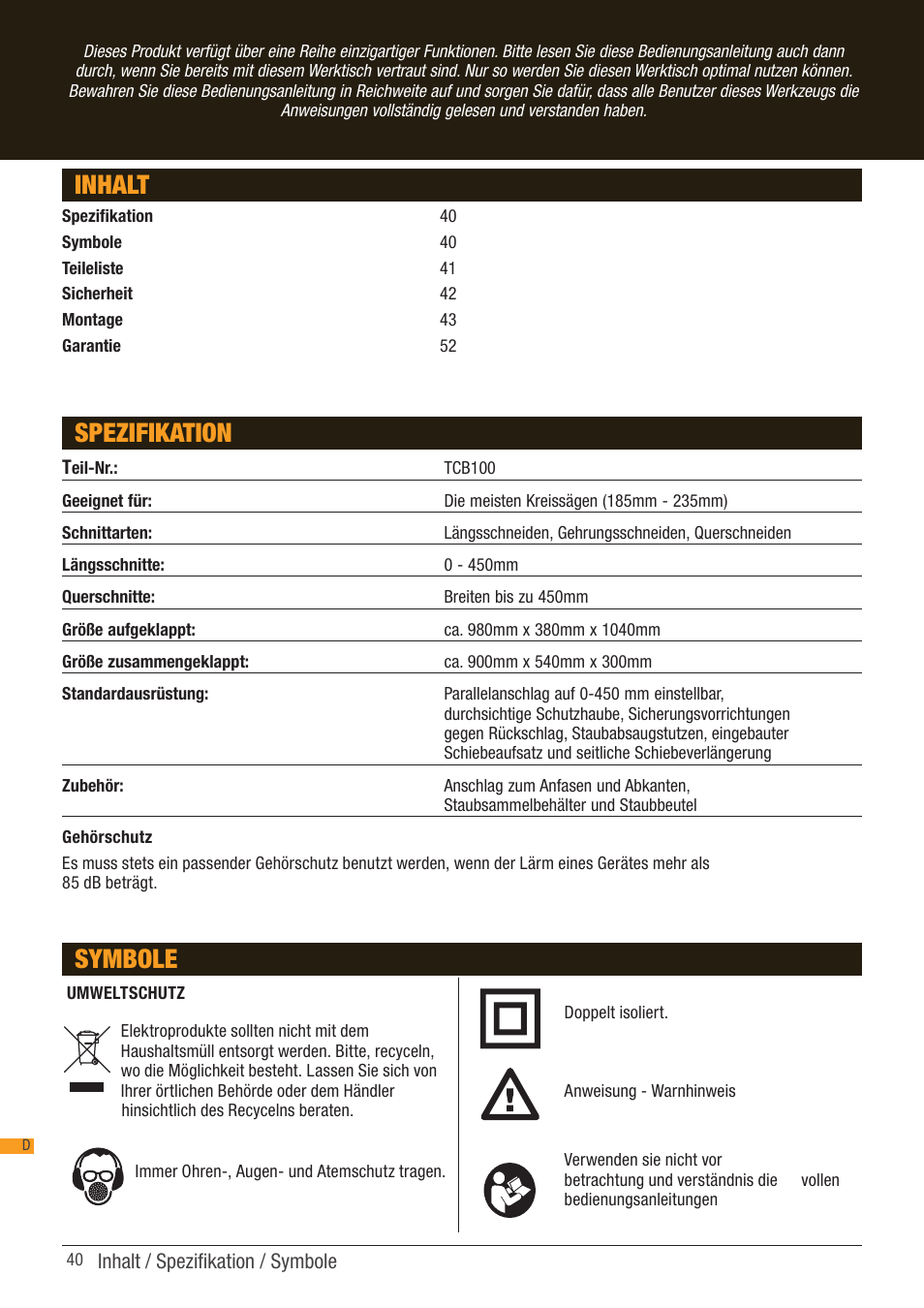 Inhalt spezifikation, Symbole | Triton TCB 100 User Manual | Page 40 / 79