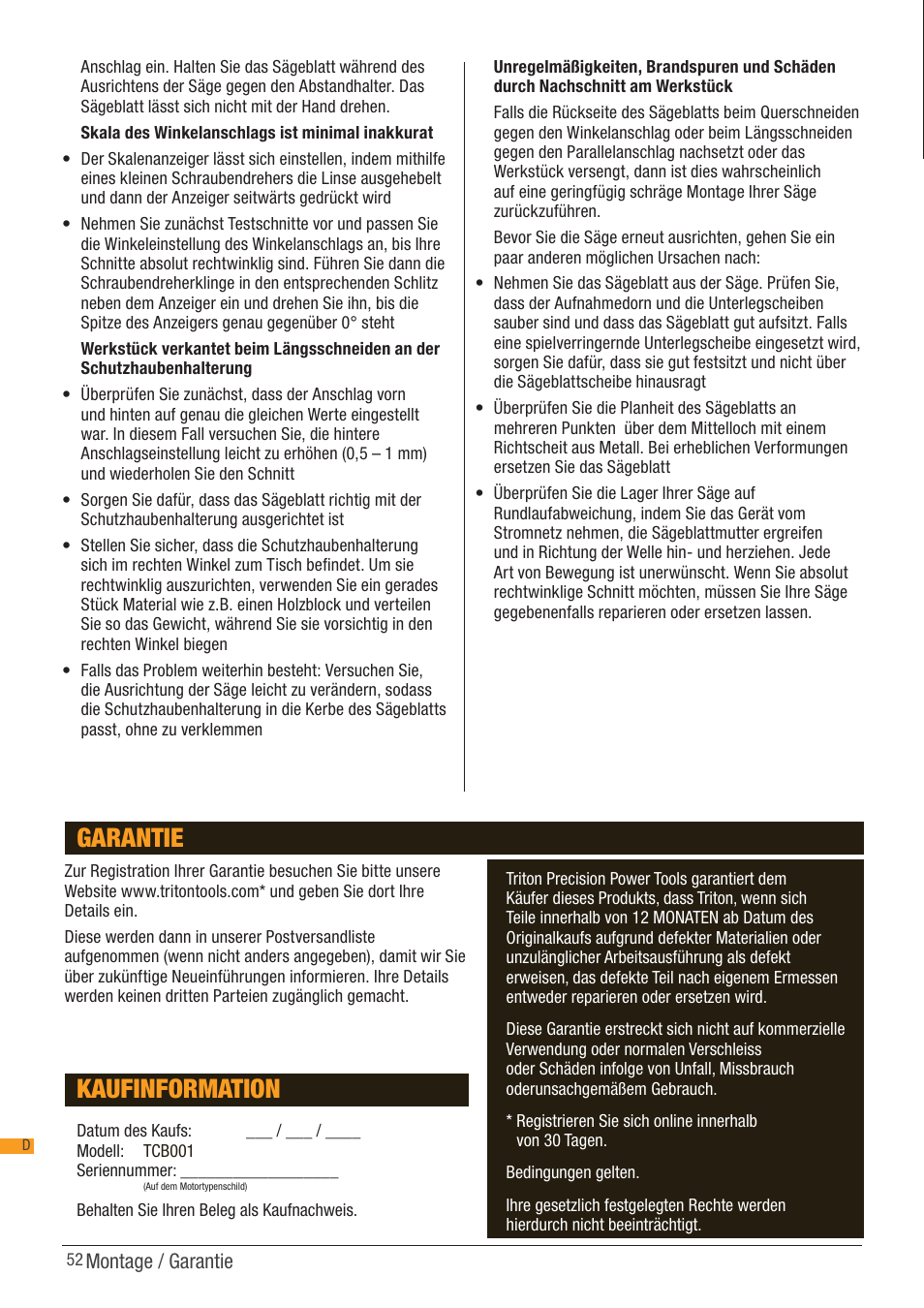 Kaufinformation, Garantie | Triton TCB 100 User Manual | Page 52 / 79