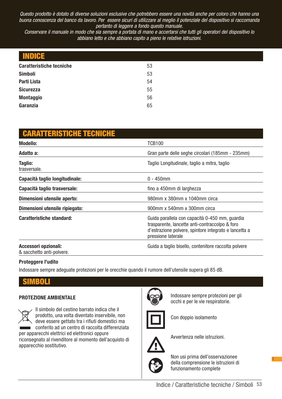 Indice caratteristiche tecniche, Simboli | Triton TCB 100 User Manual | Page 53 / 79