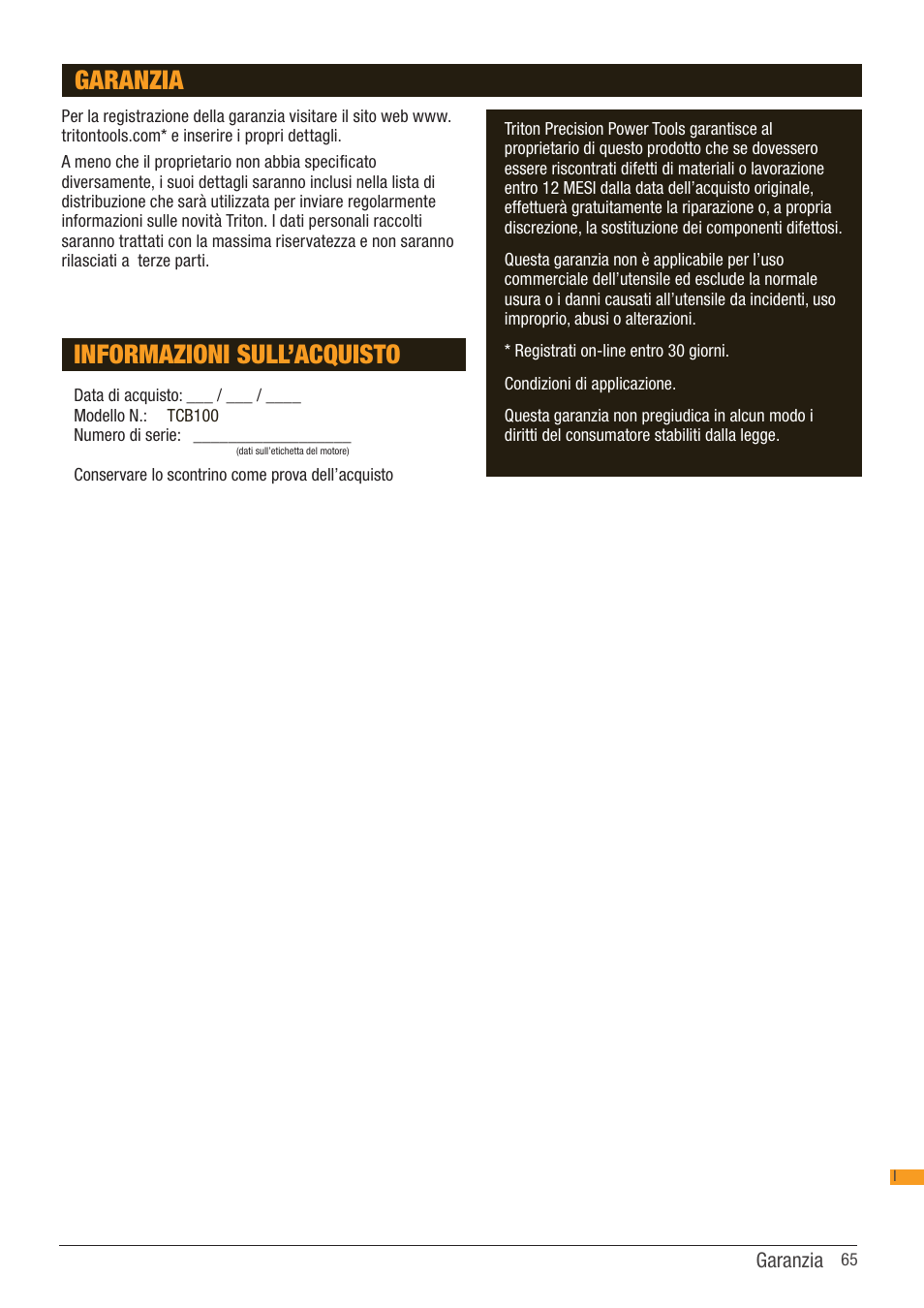 Informazioni sull’acquisto, Garanzia | Triton TCB 100 User Manual | Page 65 / 79