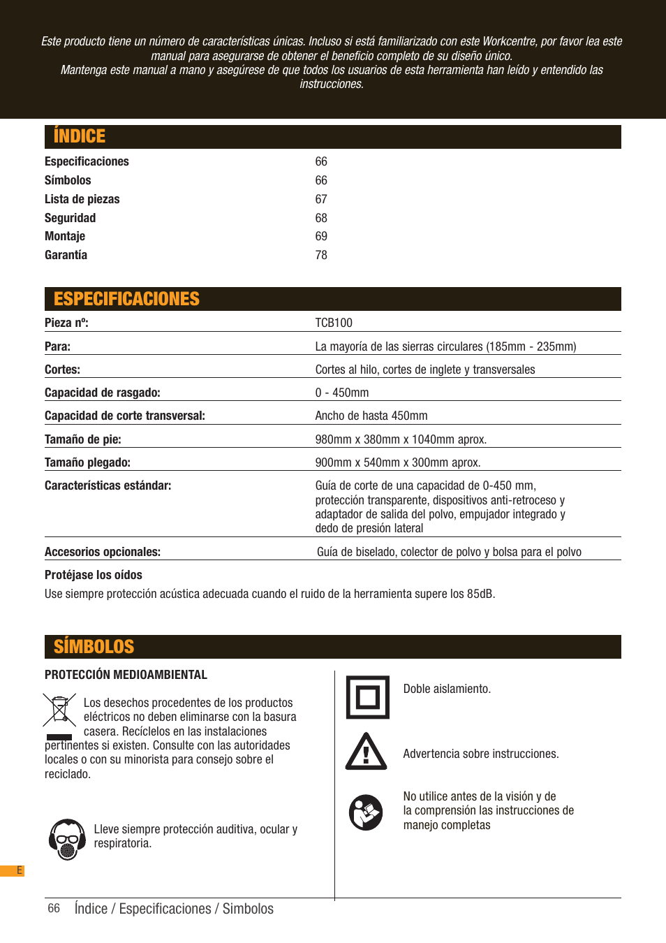 Índice especificaciones, Símbolos | Triton TCB 100 User Manual | Page 66 / 79