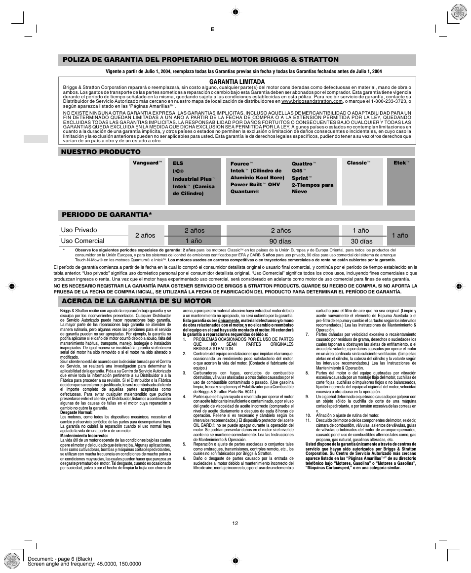 Garantia limitada, 1 año 2 años, Acerca de la garantia de su motor | Briggs & Stratton 84100 User Manual | Page 14 / 24