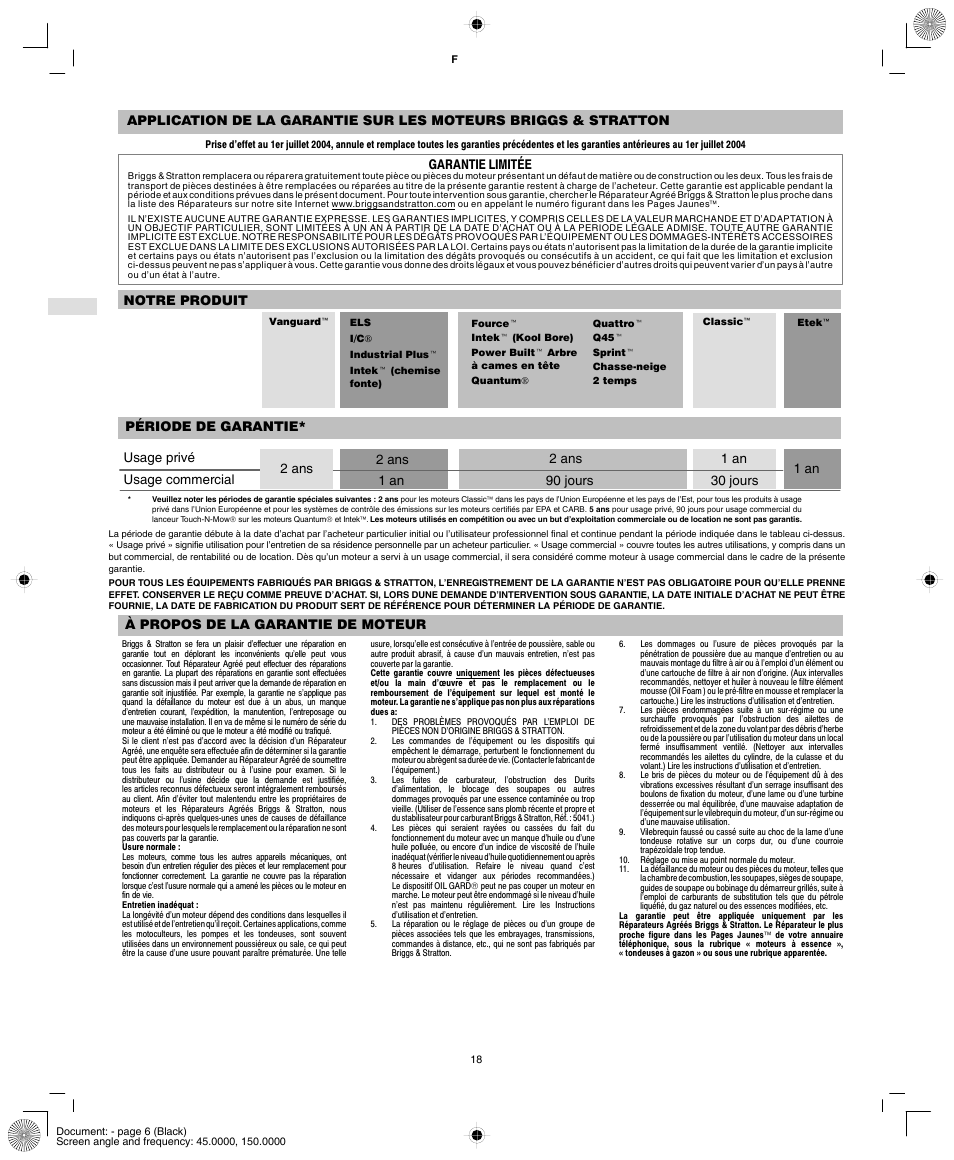 Garantie limitée, 1 an 2 ans, À propos de la garantie de moteur | Briggs & Stratton 84100 User Manual | Page 20 / 24