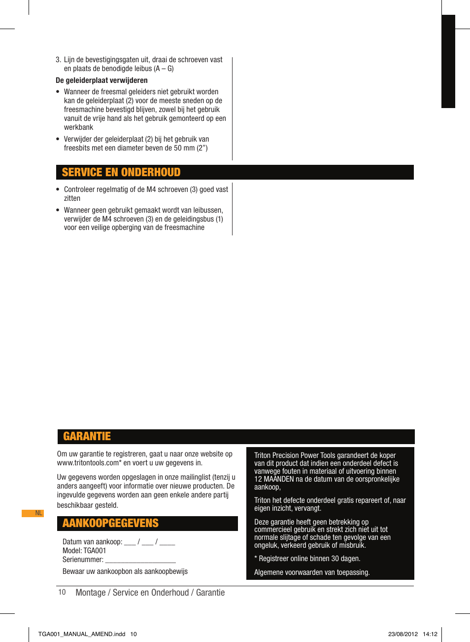 Service en onderhoud, Aankoopgegevens, Garantie | Triton TGA 001 User Manual | Page 10 / 26