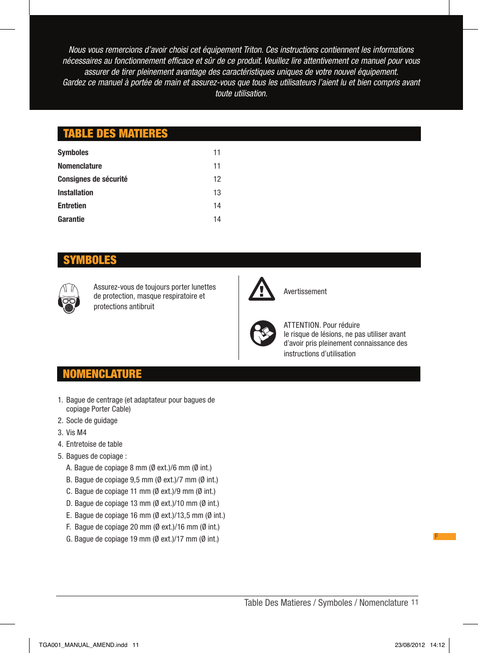 Table des matieres, Nomenclature, Symboles | Triton TGA 001 User Manual | Page 11 / 26