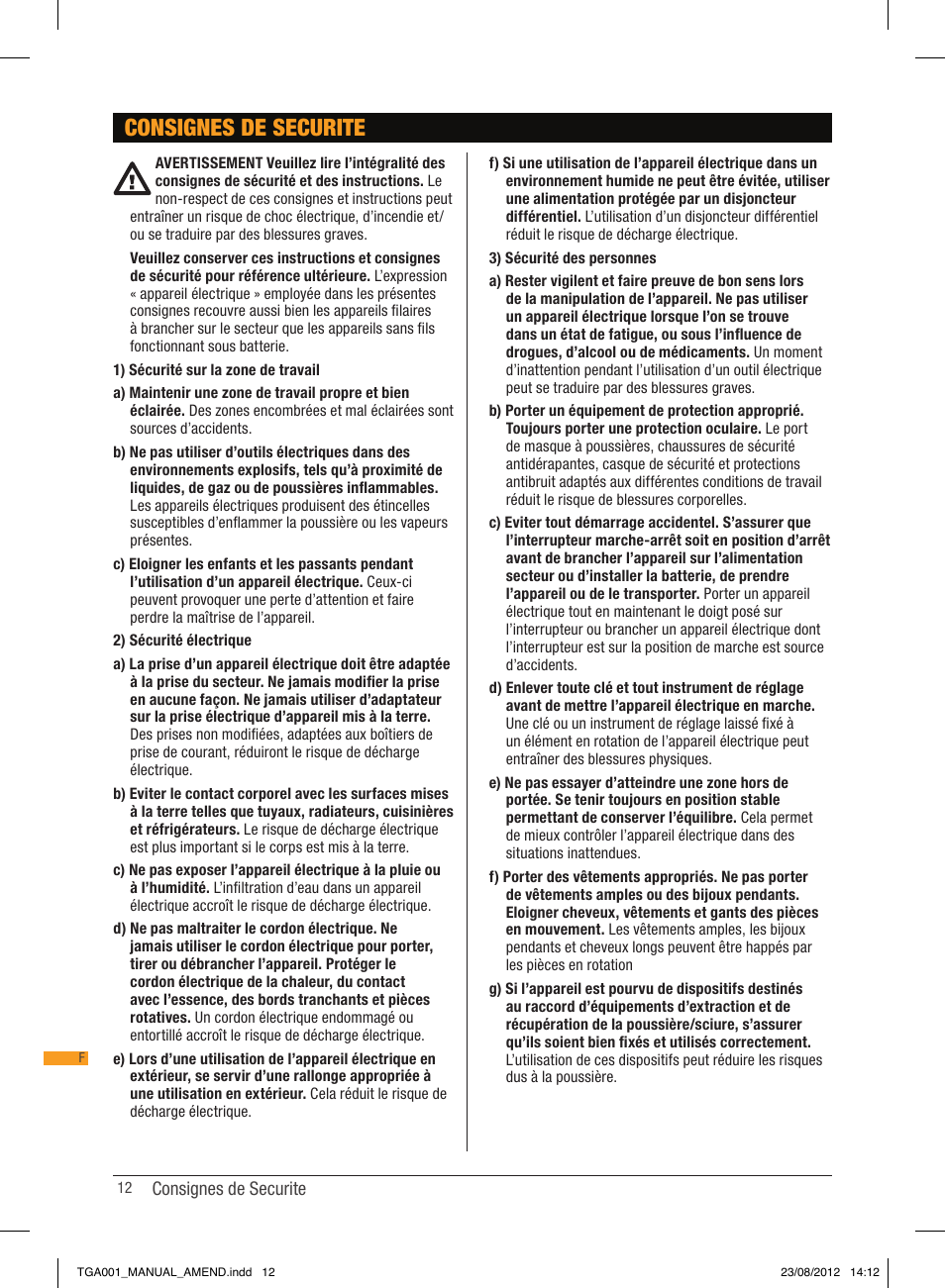 Consignes de securite | Triton TGA 001 User Manual | Page 12 / 26