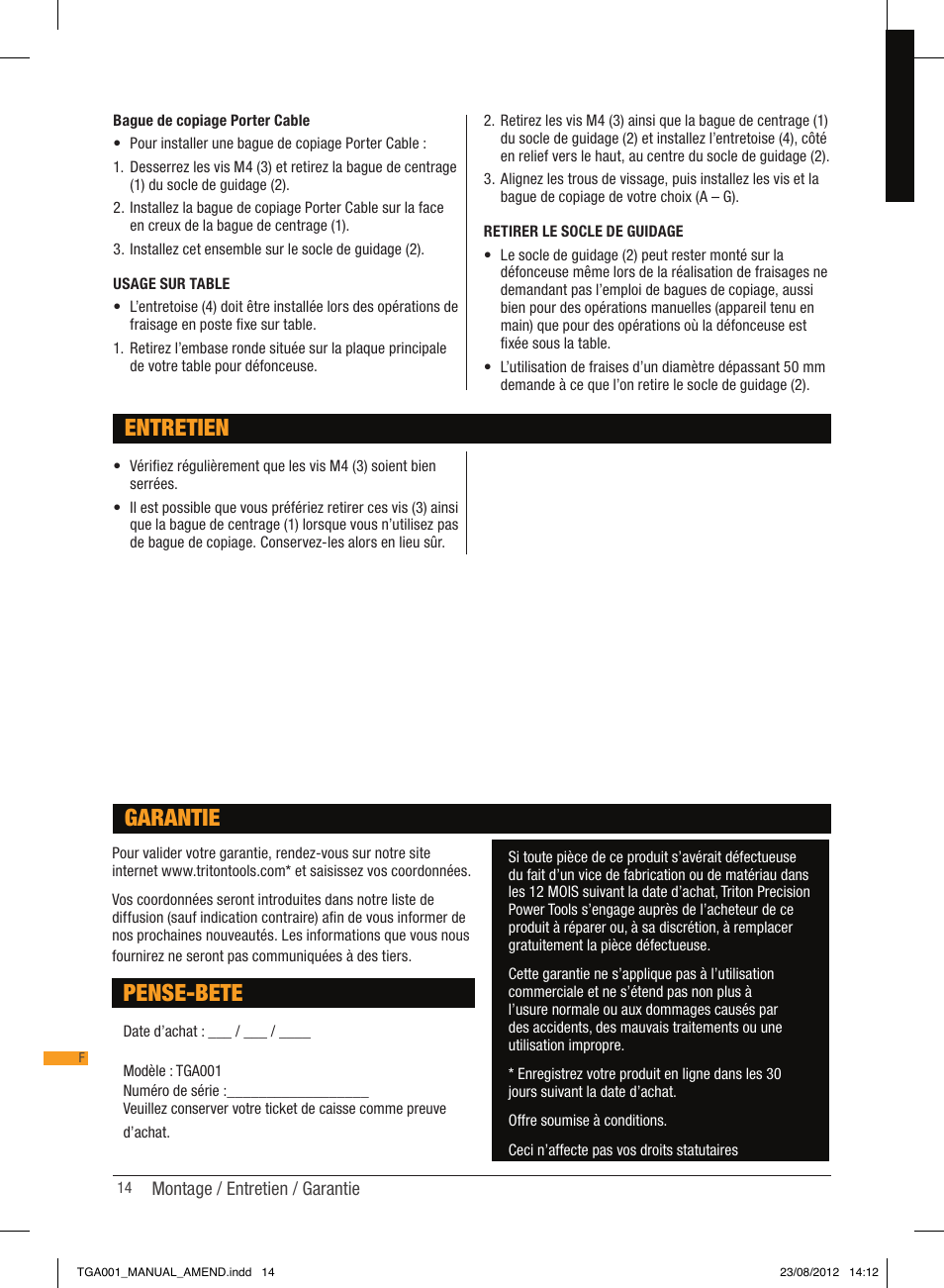 Entretien, Pense-bete, Garantie | Triton TGA 001 User Manual | Page 14 / 26