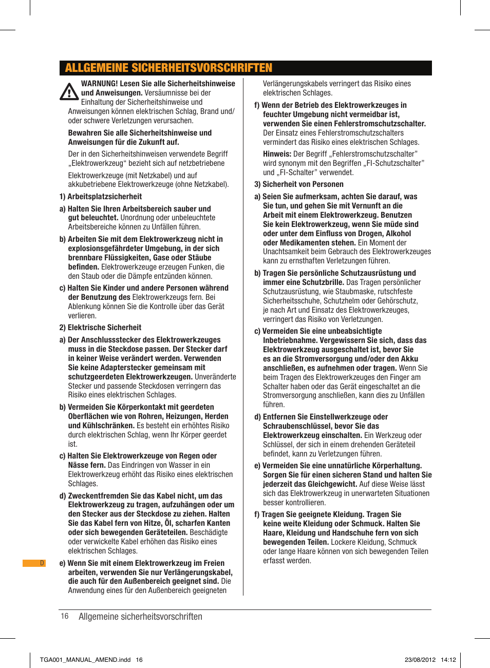 Allgemeine sicherheitsvorschriften | Triton TGA 001 User Manual | Page 16 / 26