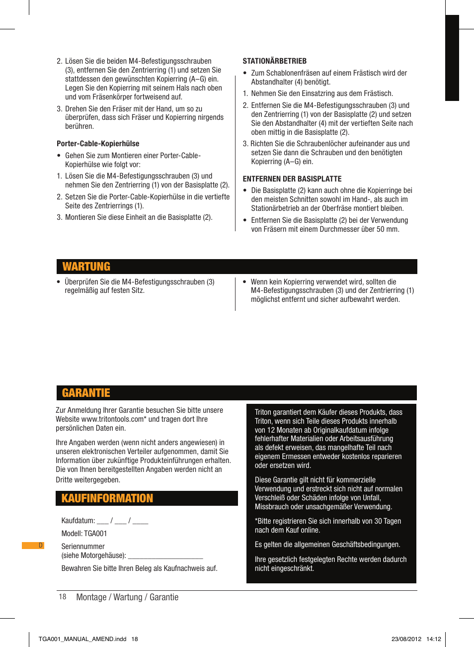 Kaufinformation, Garantie, Wartung | Triton TGA 001 User Manual | Page 18 / 26