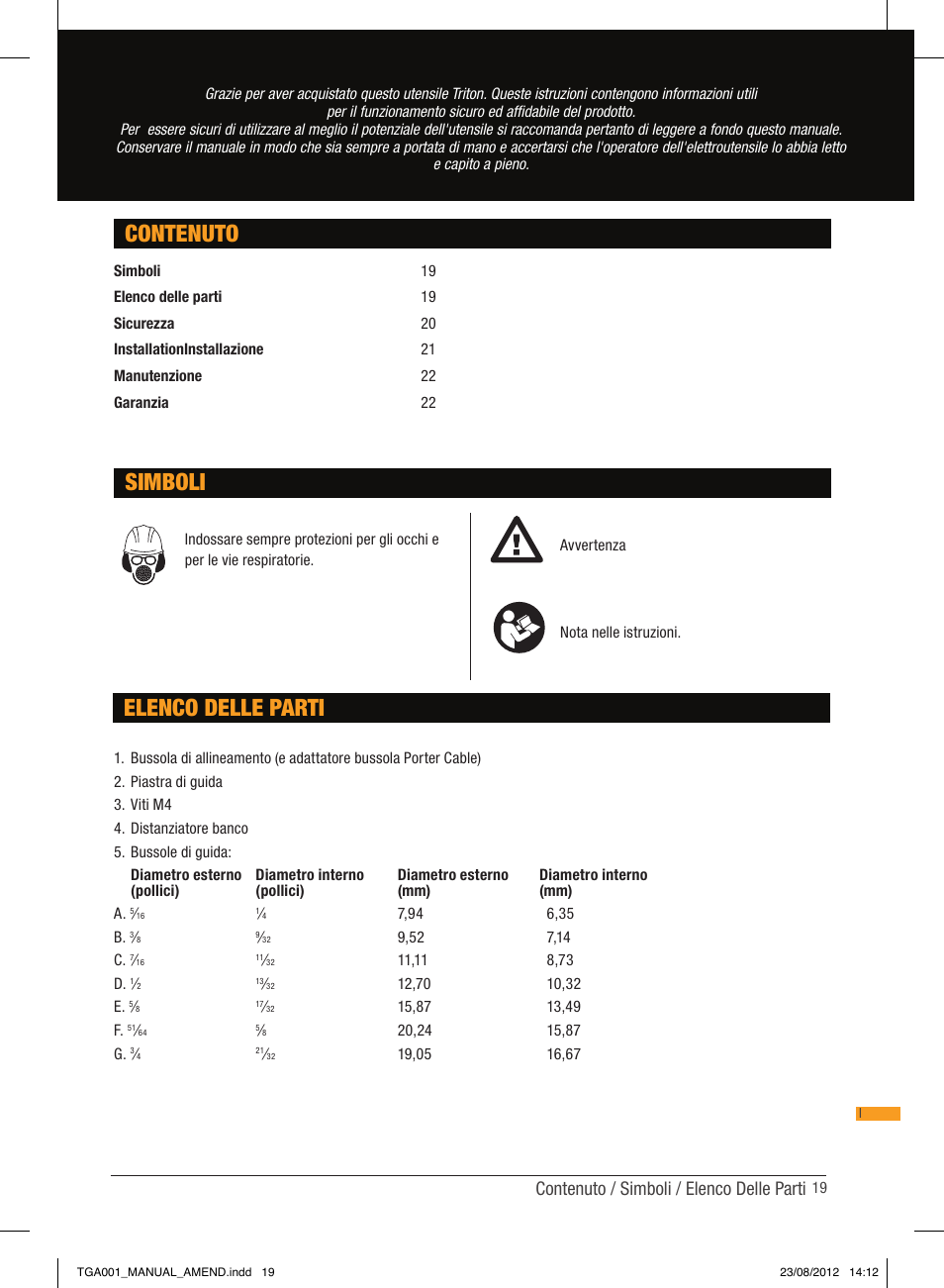 Contenuto elenco delle parti, Simboli, Contenuto / simboli / elenco delle parti | Triton TGA 001 User Manual | Page 19 / 26