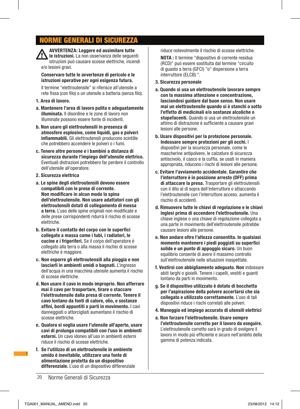 Norme generali di sicurezza | Triton TGA 001 User Manual | Page 20 / 26