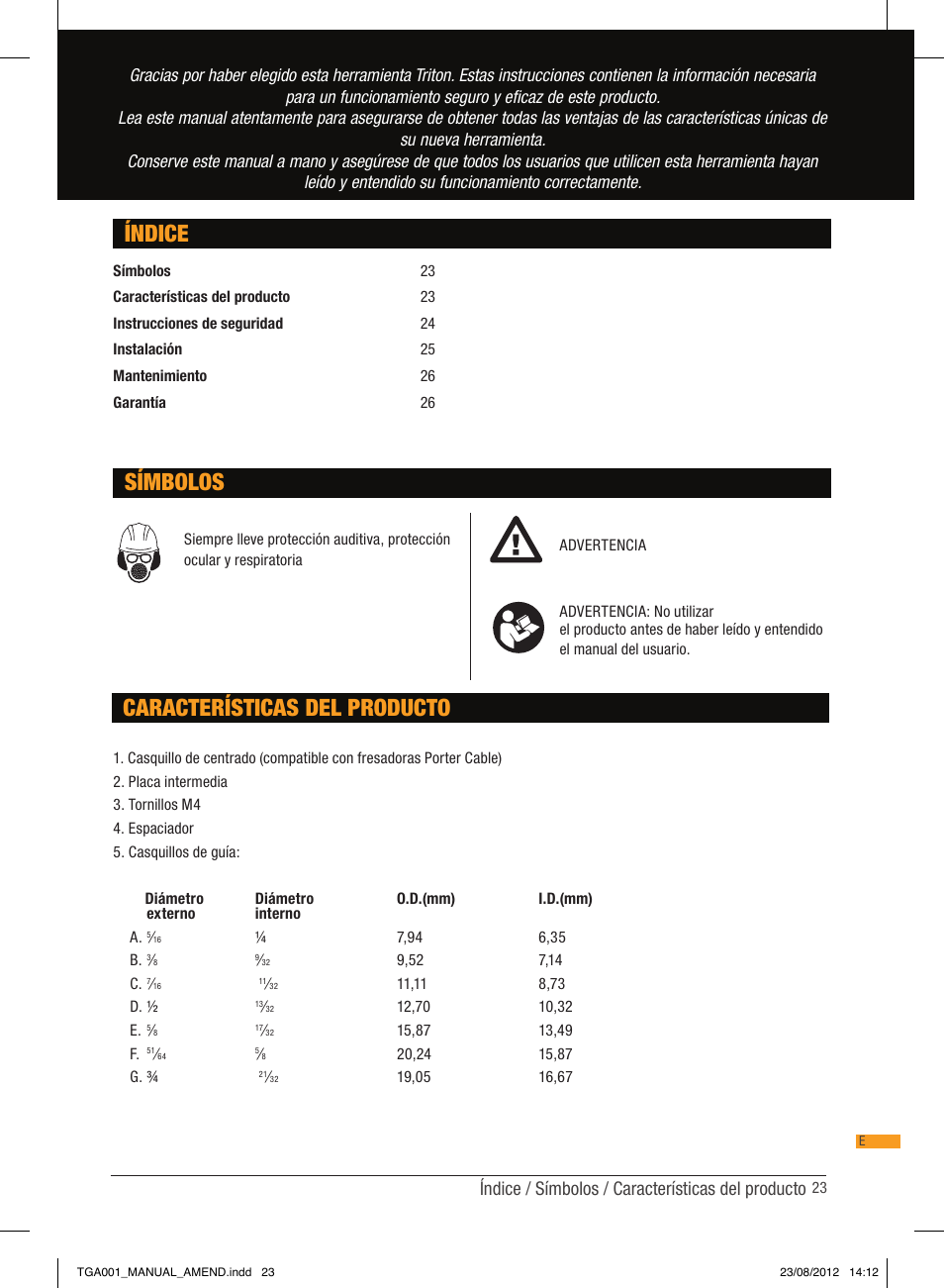 Índice, Características del producto, Símbolos | Índice / símbolos / características del producto | Triton TGA 001 User Manual | Page 23 / 26