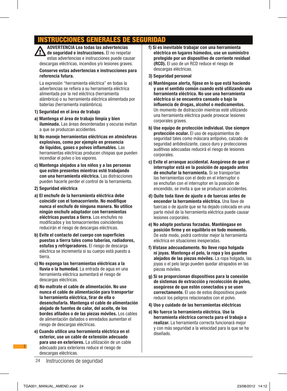 Instrucciones generales de seguridad | Triton TGA 001 User Manual | Page 24 / 26