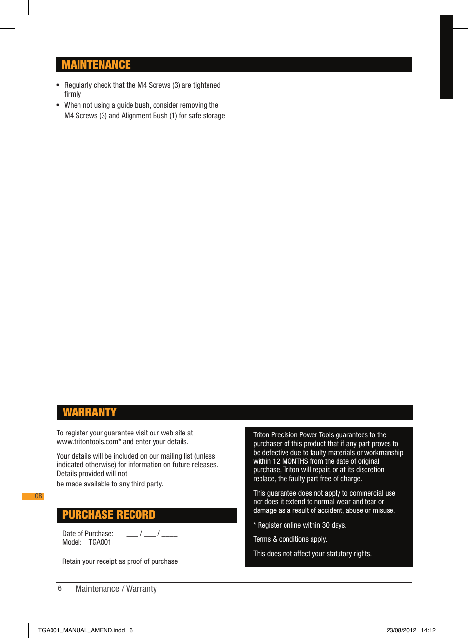 Purchase record, Warranty maintenance | Triton TGA 001 User Manual | Page 6 / 26