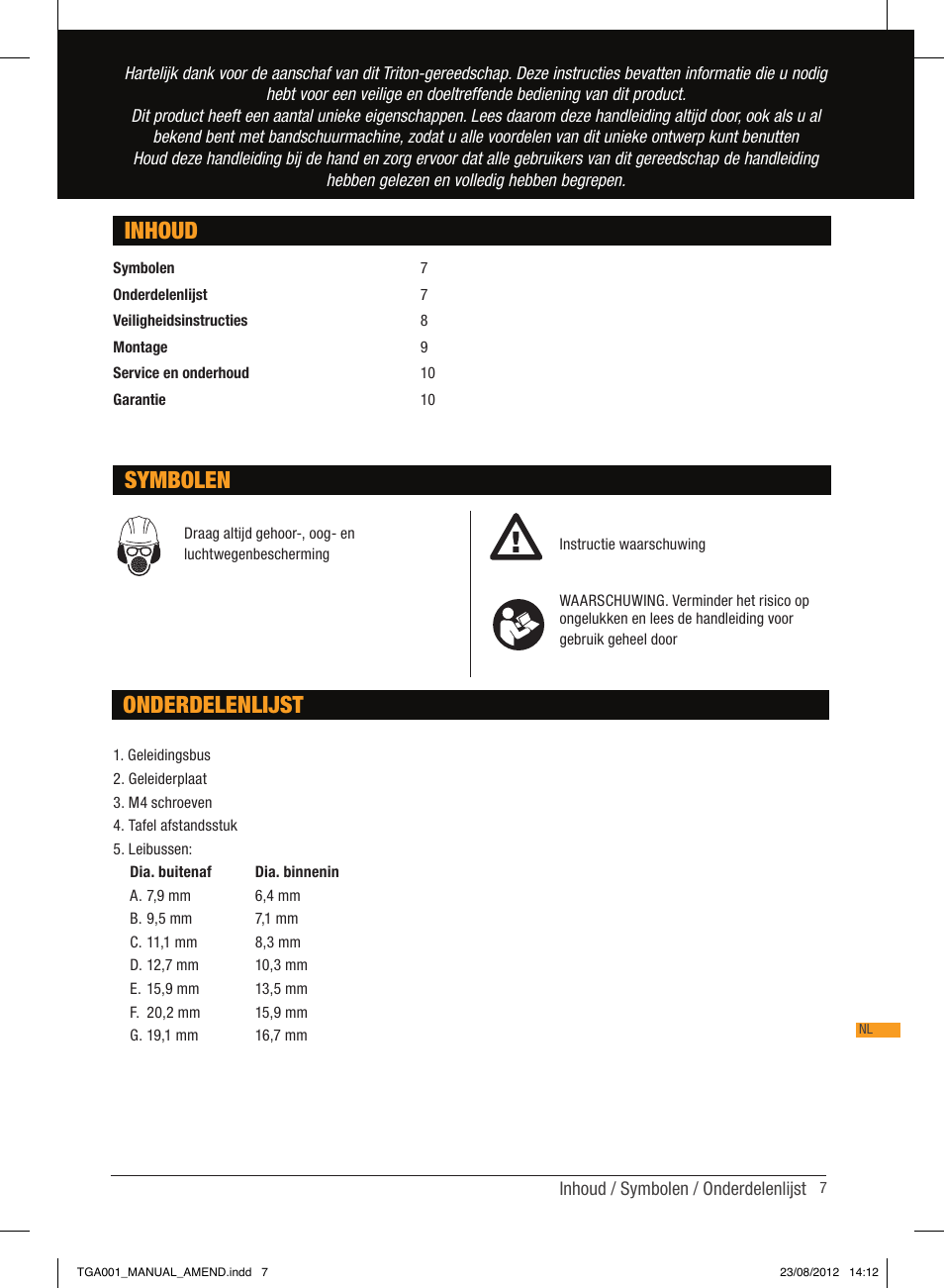 Inhoud onderdelenlijst, Symbolen | Triton TGA 001 User Manual | Page 7 / 26
