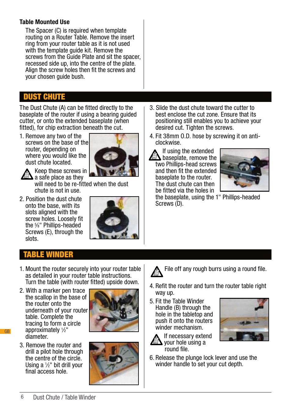 Dust chute, Table winder | Triton TGA 150 User Manual | Page 6 / 7