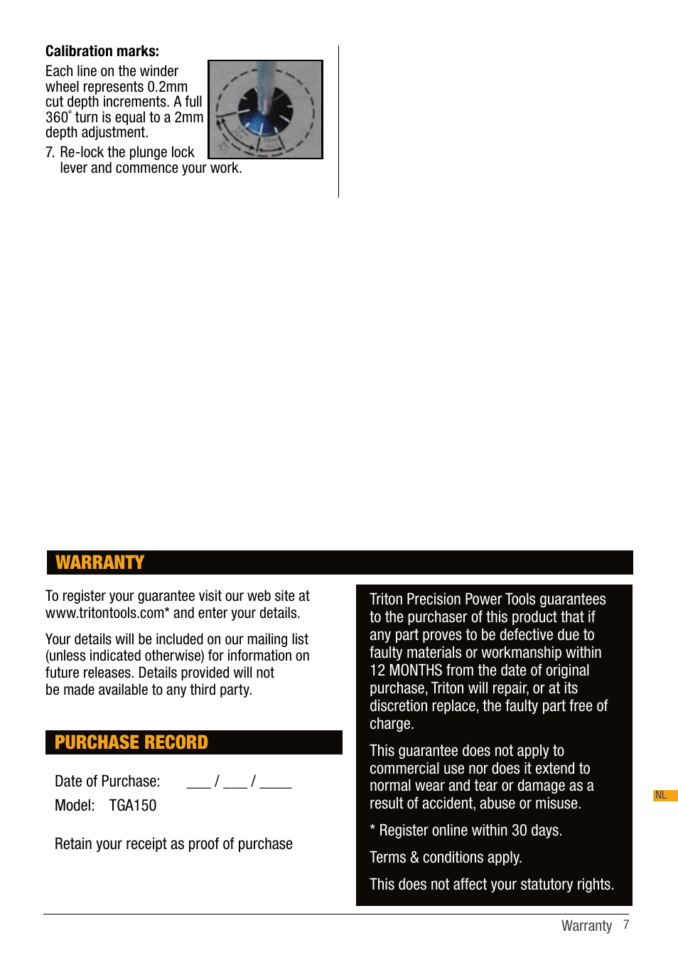 Purchase record, Warranty | Triton TGA 150 User Manual | Page 7 / 7