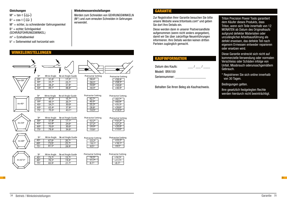 Kaufinformation, Garantie, Winkeleinstellungen | Triton BRA 100 User Manual | Page 18 / 26