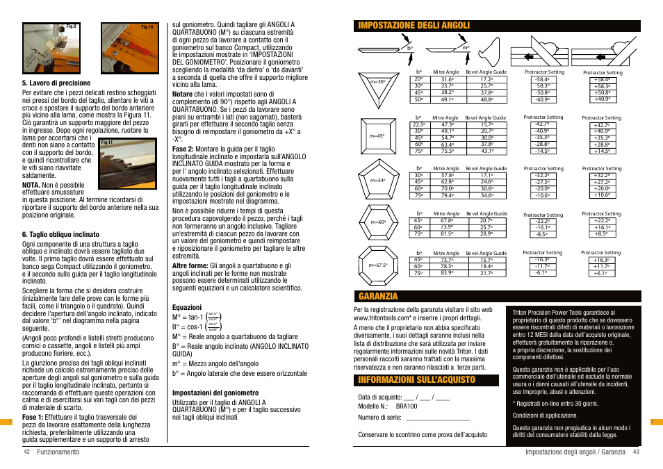 Impostazione degli angoli, Informazioni sull’acquisto, Garanzia | Triton BRA 100 User Manual | Page 22 / 26