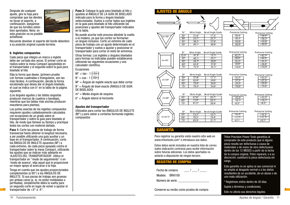 Garantía, Ajustes de ángulo | Triton BRA 100 User Manual | Page 26 / 26