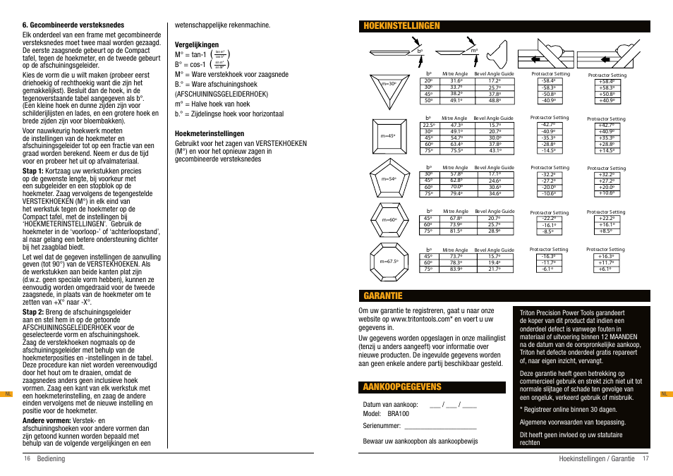 Aankoopgegevens, Garantie, Hoekinstellingen | Triton BRA 100 User Manual | Page 9 / 26