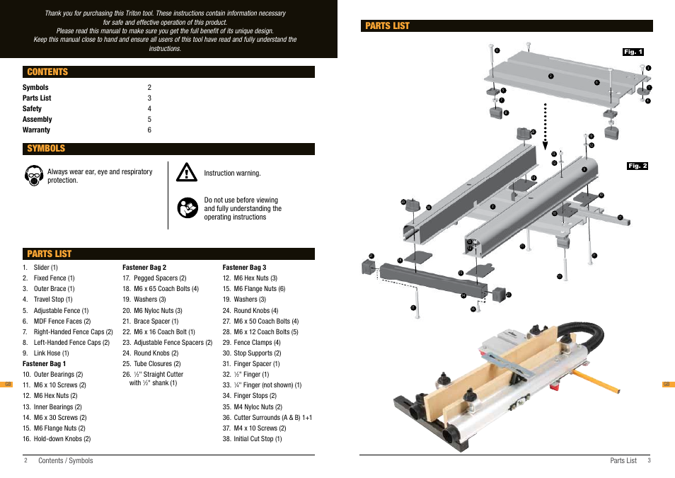 Parts list contents, Symbols, Parts list | Triton FJA 300 User Manual | Page 2 / 17