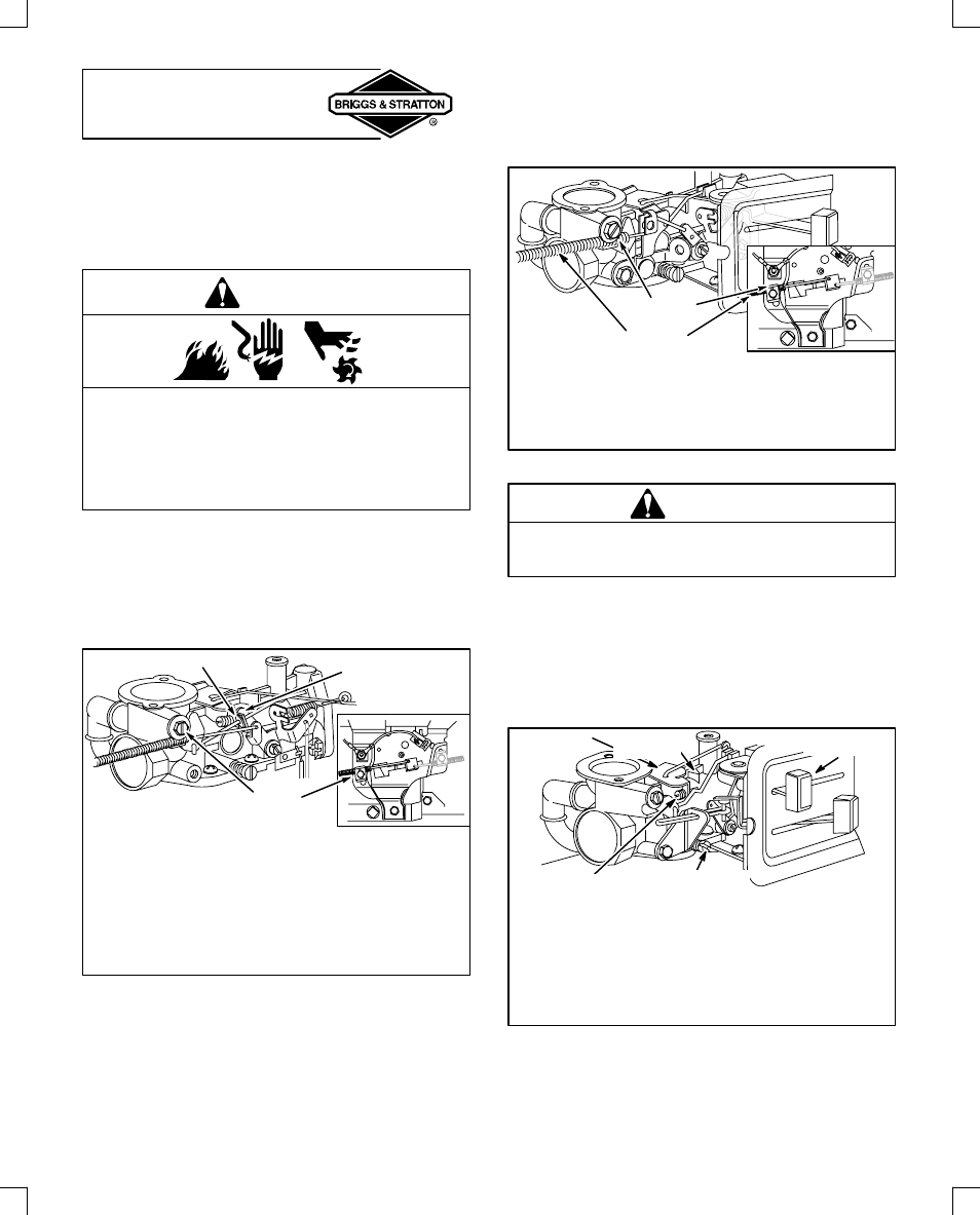 Adjustments, Throttle adjustment, Warning | Carburetor adjustment warning | Briggs & Stratton 133200 User Manual | Page 14 / 20