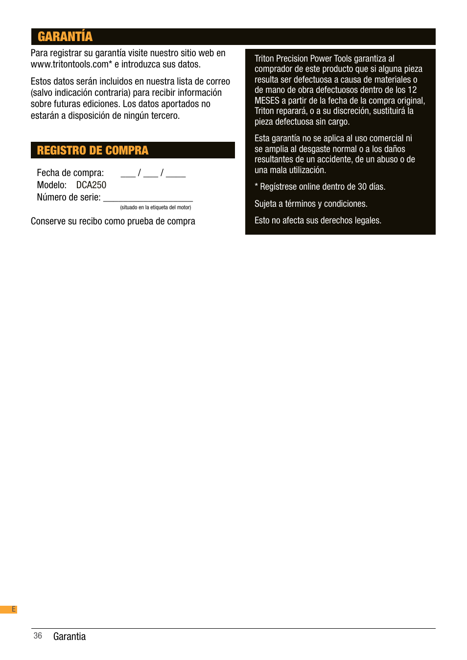 Garantía | Triton DCA 250 User Manual | Page 19 / 19