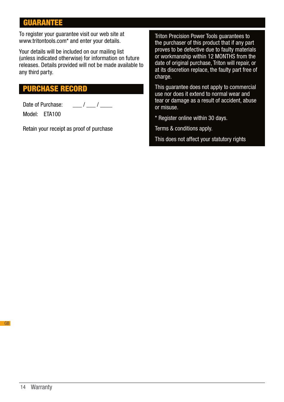 Purchase record, Guarantee | Triton ETA 100 User Manual | Page 14 / 14