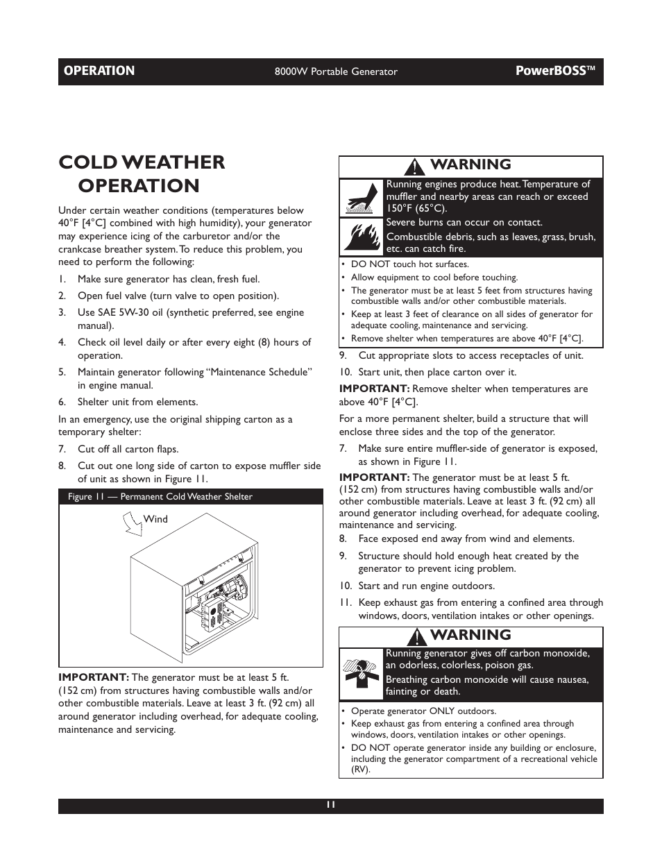 Cold weather operation, Warning | Briggs & Stratton PowerBoss 30228 User Manual | Page 11 / 36