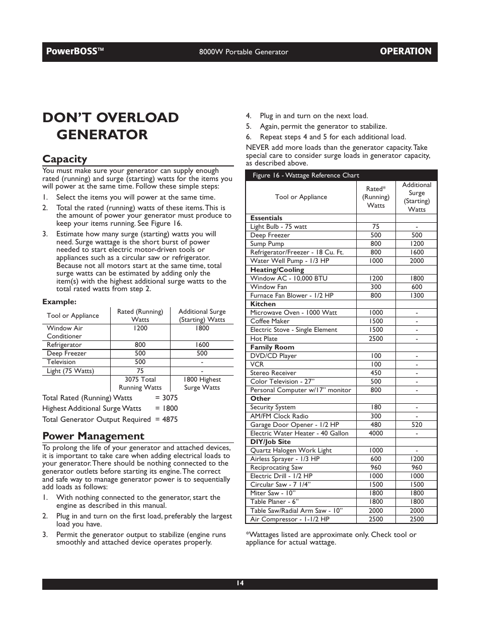 Don’t overload generator, Capacity, Power management | Powerboss, Operation | Briggs & Stratton PowerBoss 30228 User Manual | Page 14 / 36