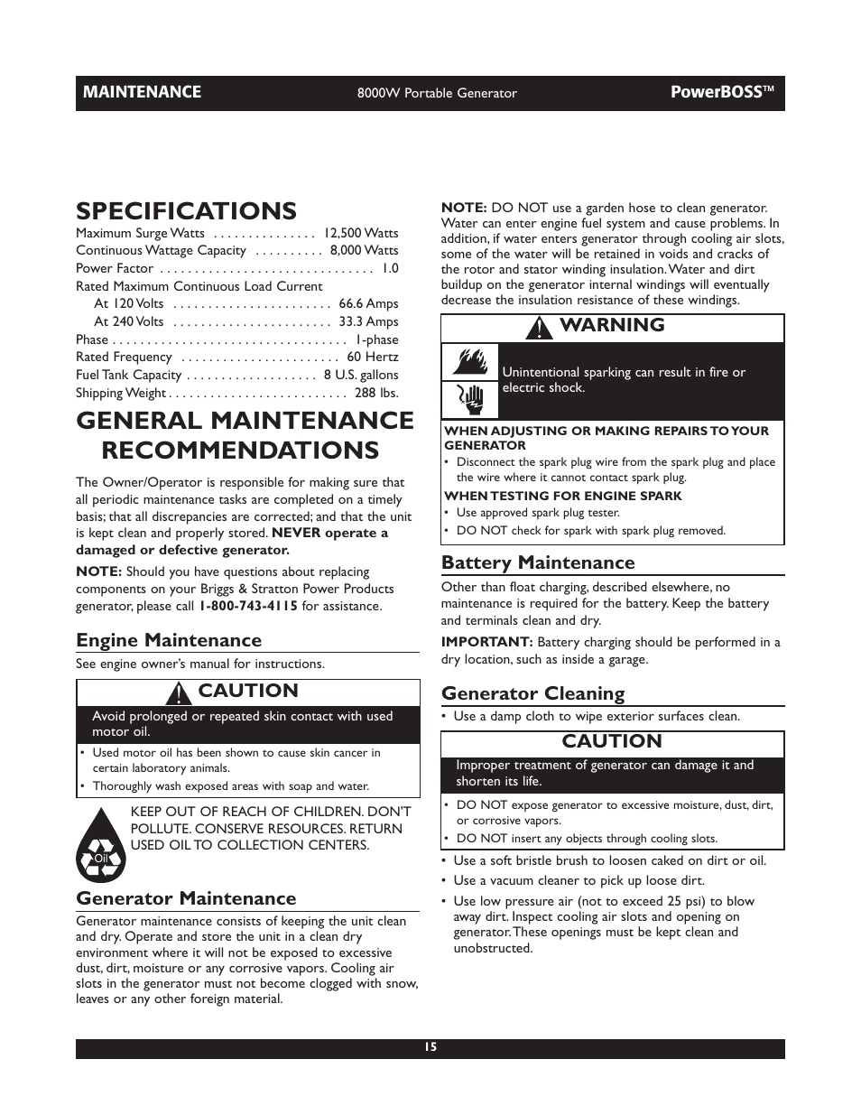 Specifications, General maintenance recommendations, Engine maintenance | Generator maintenance, Battery maintenance, Generator cleaning, Caution, Warning | Briggs & Stratton PowerBoss 30228 User Manual | Page 15 / 36
