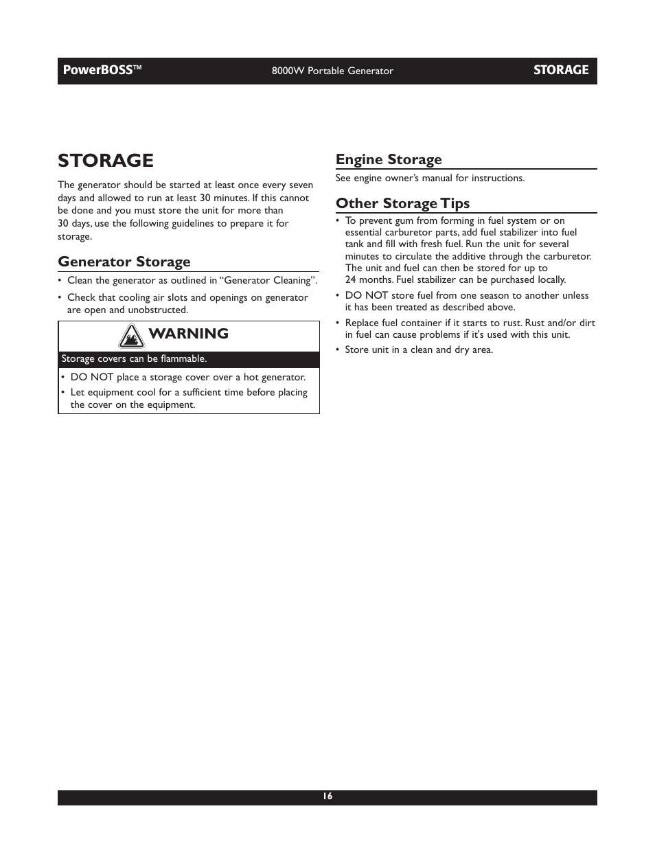 Storage, Generator storage, Engine storage | Other storage tips, Warning | Briggs & Stratton PowerBoss 30228 User Manual | Page 16 / 36