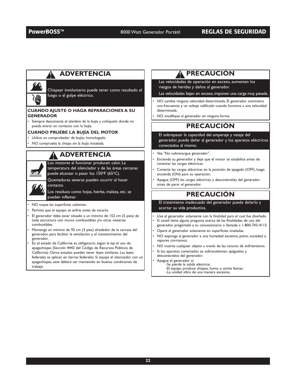 Precaución, Advertencia, Powerboss | Reglas de seguridad | Briggs & Stratton PowerBoss 30228 User Manual | Page 22 / 36