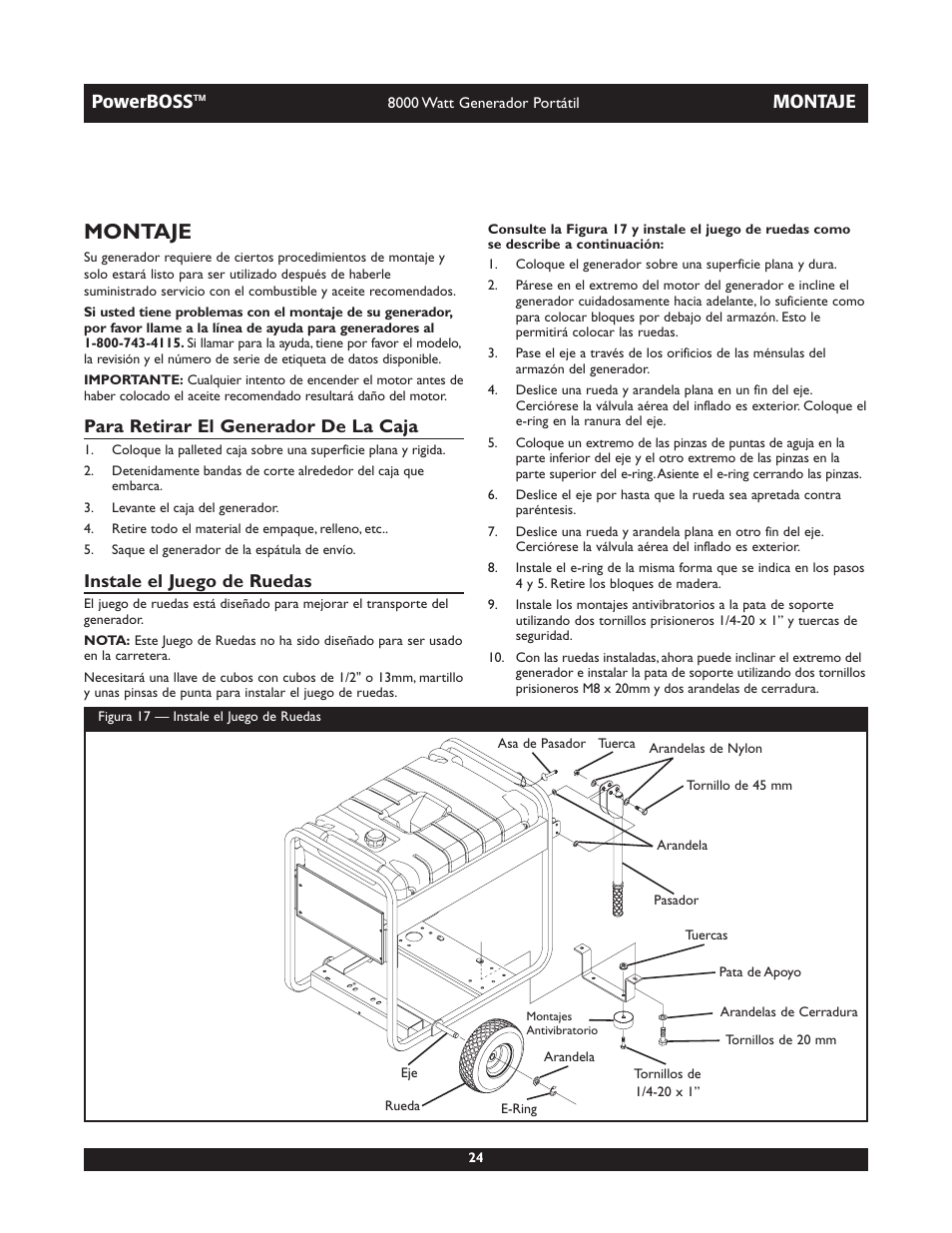 Powerboss, Montaje, Para retirar el generador de la caja | Instale el juego de ruedas | Briggs & Stratton PowerBoss 30228 User Manual | Page 24 / 36