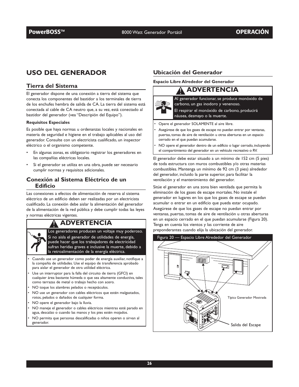 Uso del generador, Advertencia, Powerboss | Operación, Tierra del sistema, Conexión al sistema eléctrico de un edificio, Ubicación del generador | Briggs & Stratton PowerBoss 30228 User Manual | Page 26 / 36