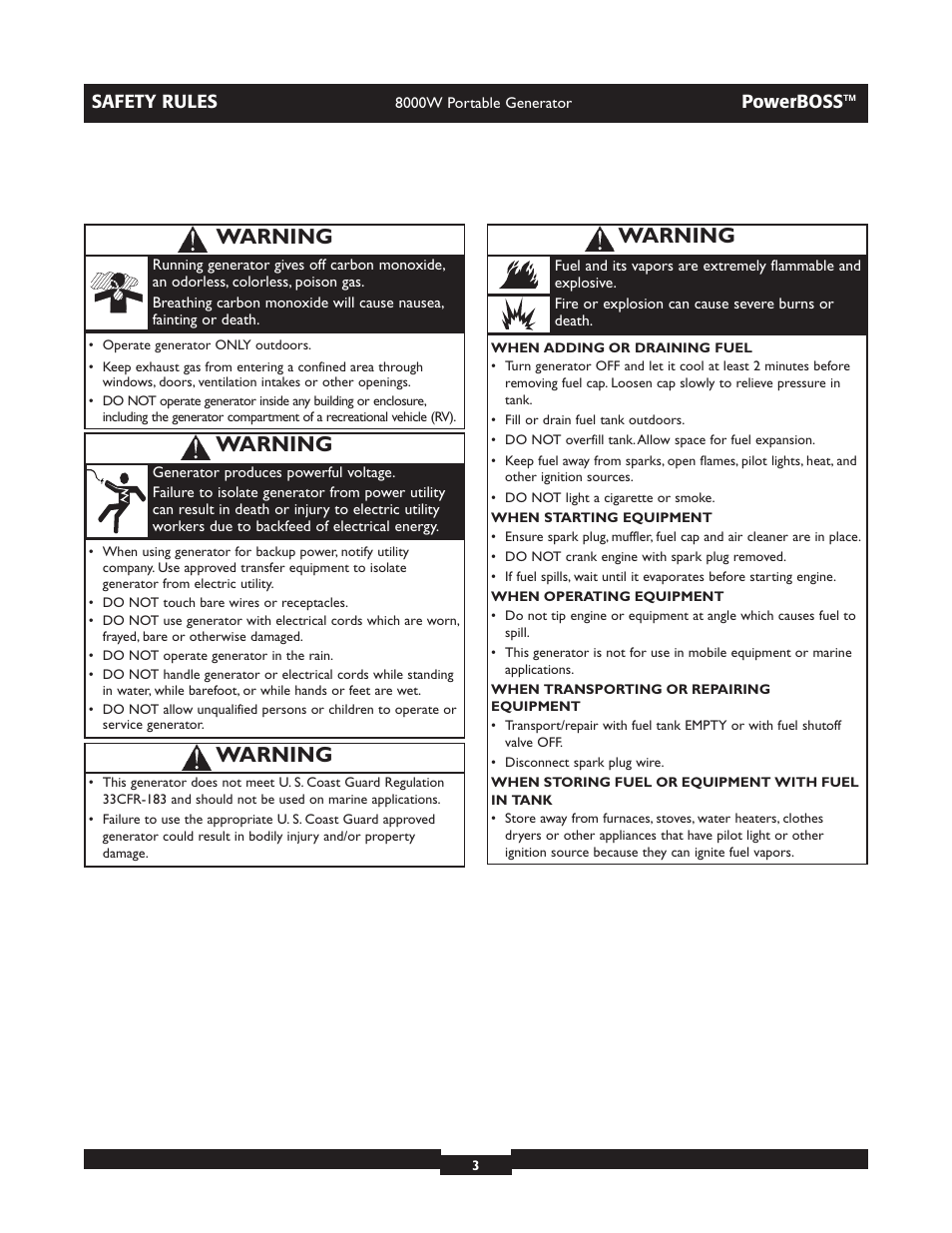 Warning | Briggs & Stratton PowerBoss 30228 User Manual | Page 3 / 36
