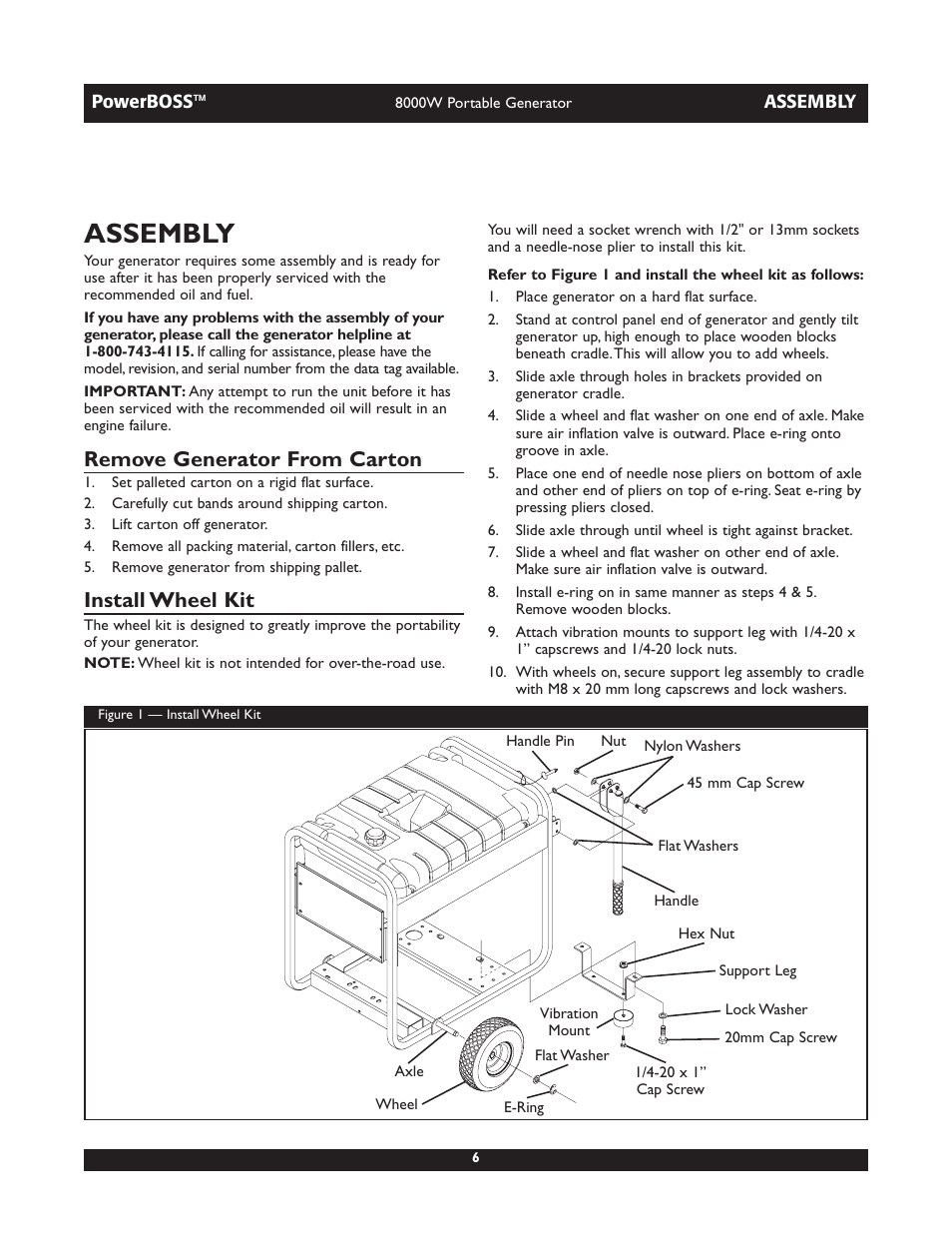 Assembly, Remove generator from carton, Install wheel kit | Briggs & Stratton PowerBoss 30228 User Manual | Page 6 / 36