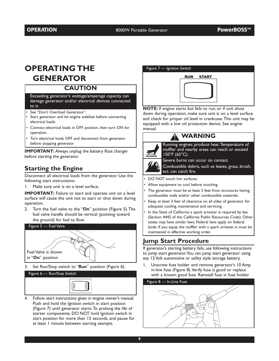 Operating the generator, Starting the engine, Jump start procedure | Caution, Warning | Briggs & Stratton PowerBoss 30228 User Manual | Page 9 / 36