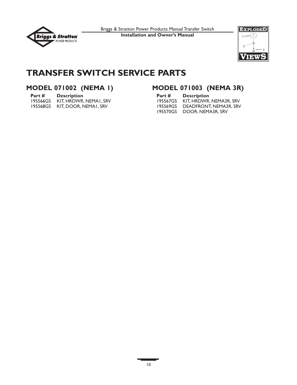 Transfer switch service parts | Briggs & Stratton 50A NEMA 1 User Manual | Page 10 / 32