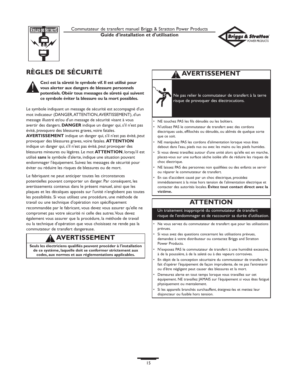 Règles de sécurité, Avertissement, Attention | Briggs & Stratton 50A NEMA 1 User Manual | Page 15 / 32