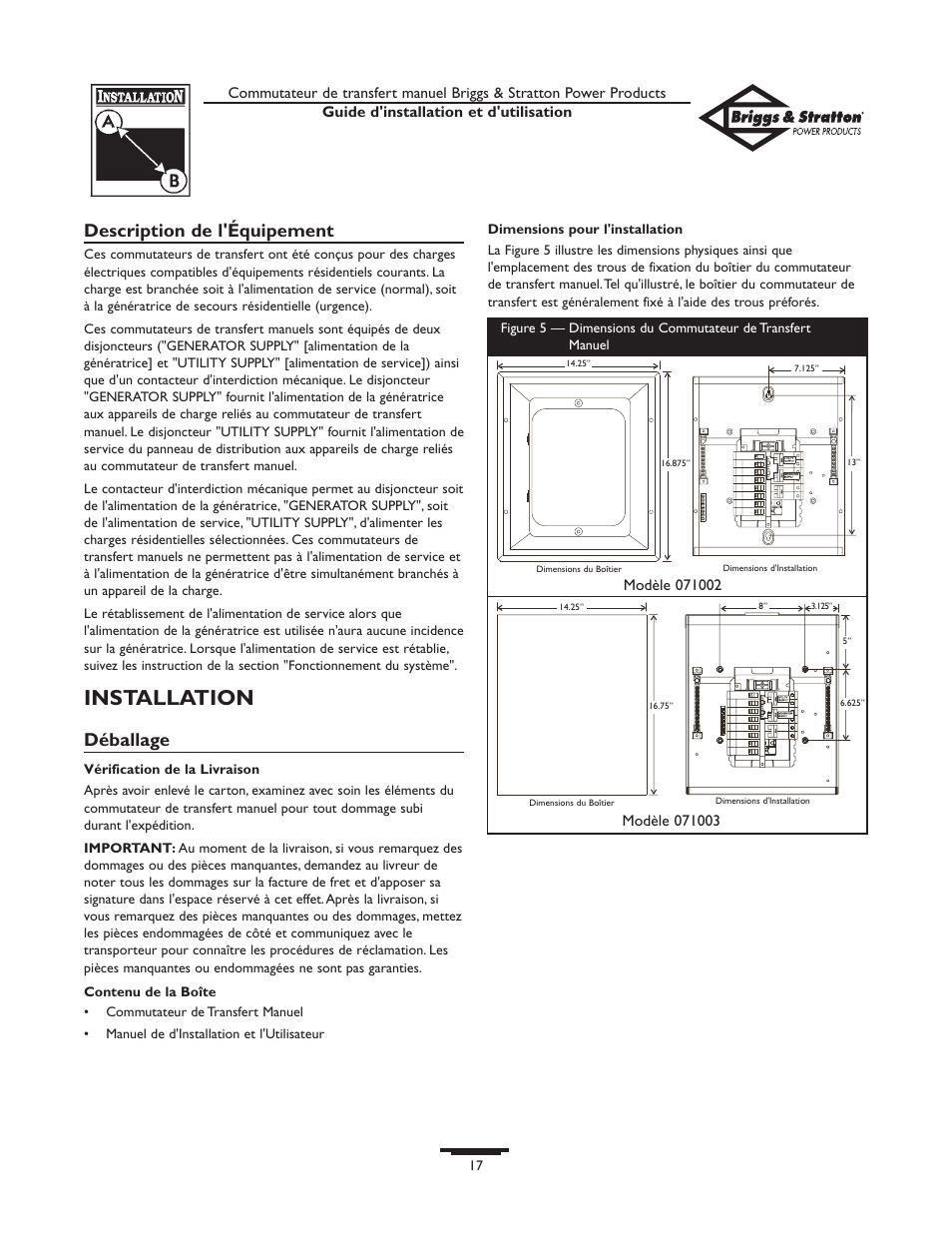 Installation, Description de l'équipement, Déballage | Briggs & Stratton 50A NEMA 1 User Manual | Page 17 / 32