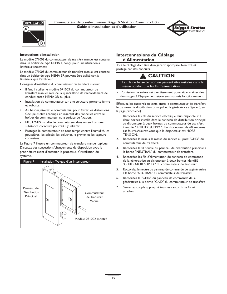 Caution, Interconnexions du câblage d'alimentation | Briggs & Stratton 50A NEMA 1 User Manual | Page 19 / 32